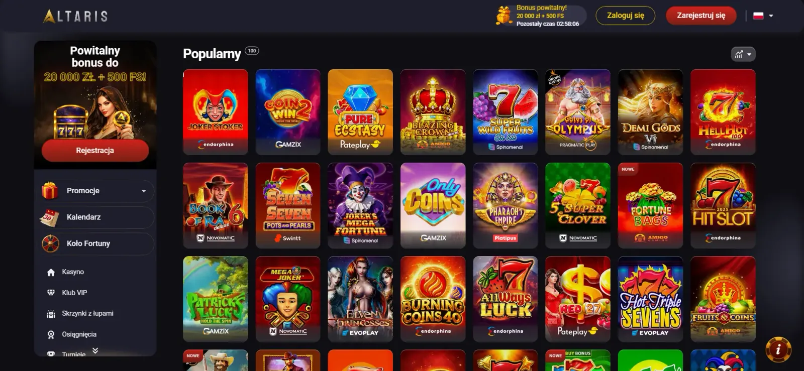 Widok katalogu automatów i popularnych gier hazardowych w lobby Altaris Casino