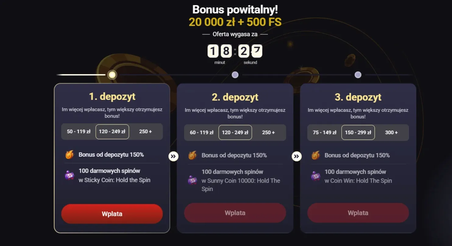 Ekran wyboru pakietu powitalnego na pierwsze trzy wpłaty w Altaris Casino